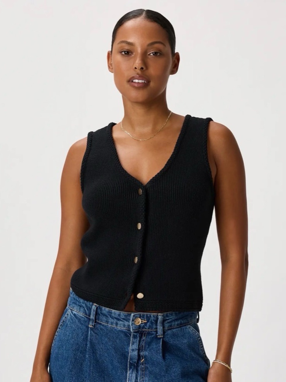 Quince Organic Cotton V-Neck Sweater Vest Black Button Front Womens Large NWT